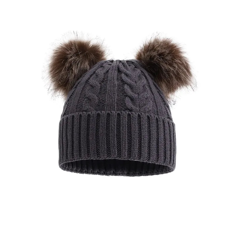Women's Chunky Cable-Knit Winter Beanie with Dual Faux-Fur Pom-Poms – Fold-Over Cuff Hat for Cold Weather | Thomler