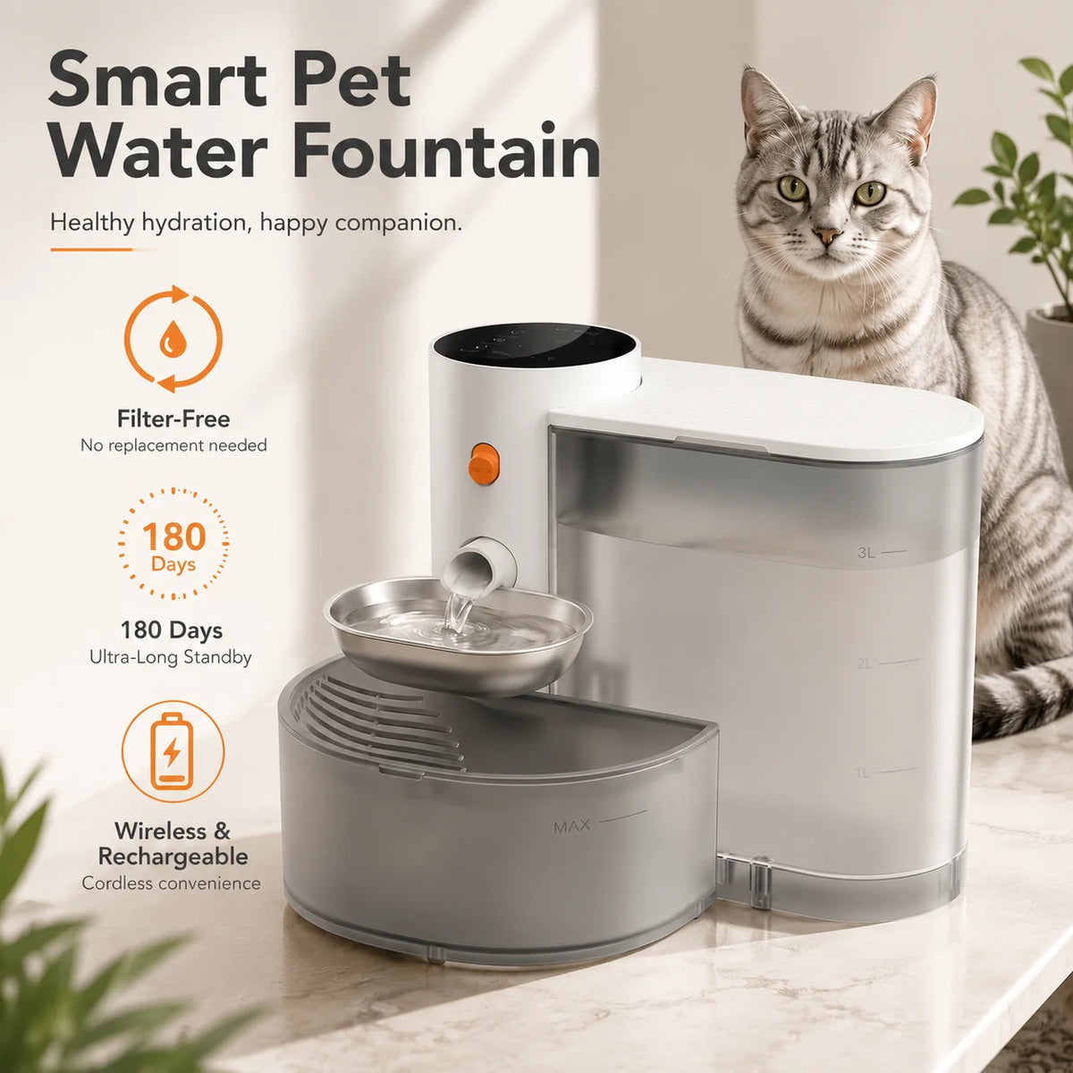 Rechargeable Pet Drinking Fountain 101 fl oz Self-Cleaning Dual-Chamber System Battery-Powered Hydration Station for Cats Dogs Kittens No | Thomler
