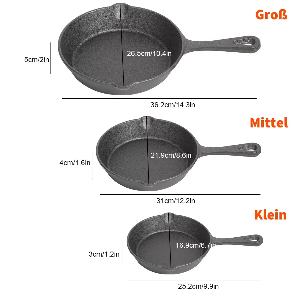 Frying Pan Set Cast Iron 16.0 cm 20.0 cm 26.0 cm Black Induction Gas Open Fire Skillet Cooking Set | Thomler