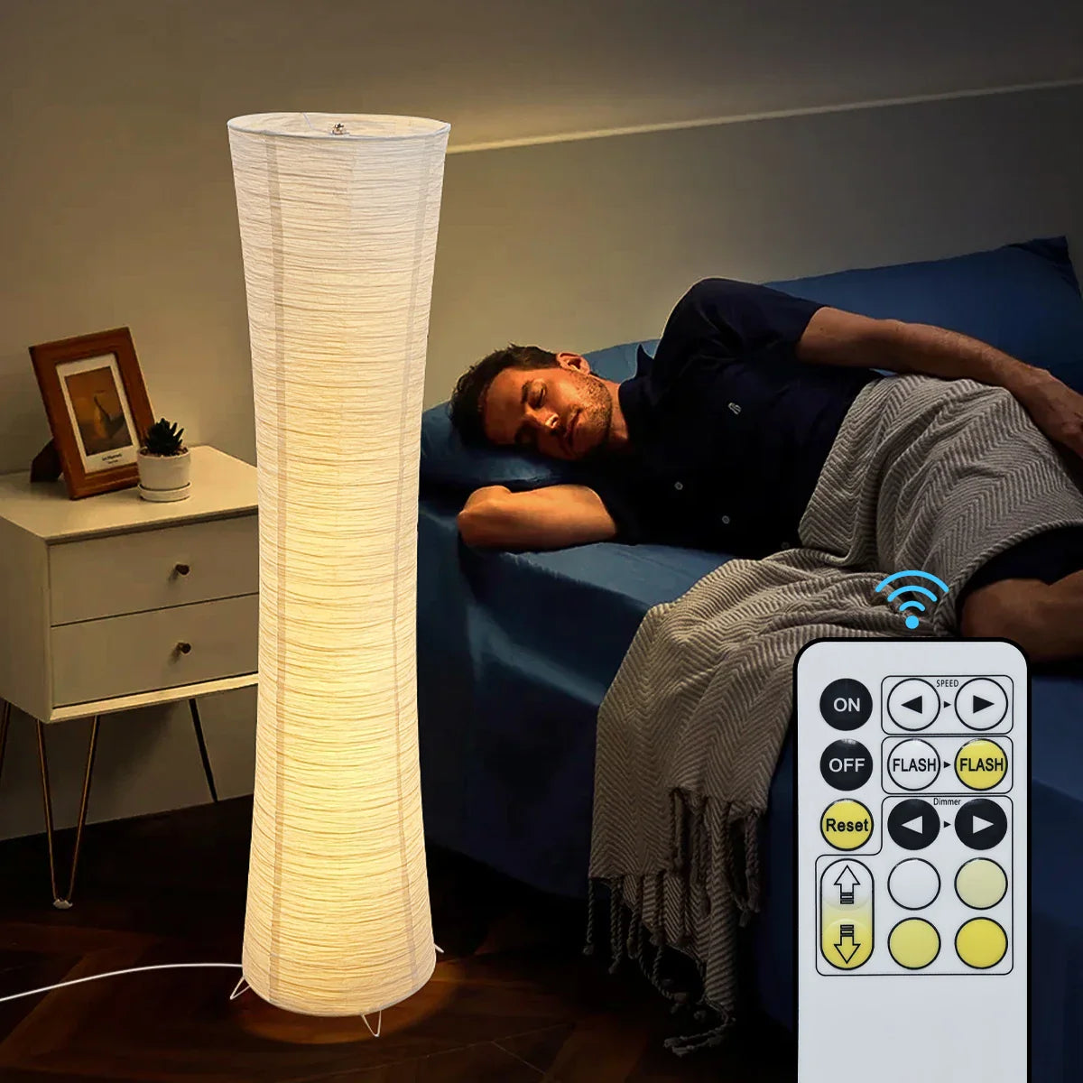 Floor Lamp Paper Shade 107.0 cm White Living Room Corner Lighting Japandi Scandinavian Ambient Reading Lamp Remote Control | Thomler