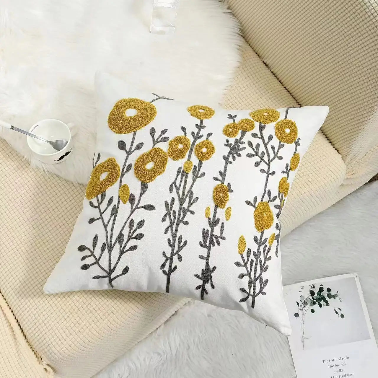 Cushion Cover Cotton Canvas 45.0 cm Floral Embroidered White Sofa Bed Decorative Pillow Case Farmhouse Living Room Accent | Thomler