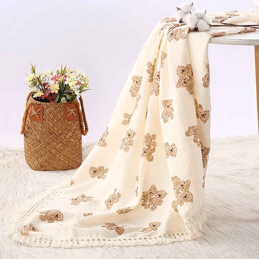 Lightweight Cotton Muslin Baby Blanket with Bear Print – Breathable Swaddle for Newborns & Toddlers | Thomler