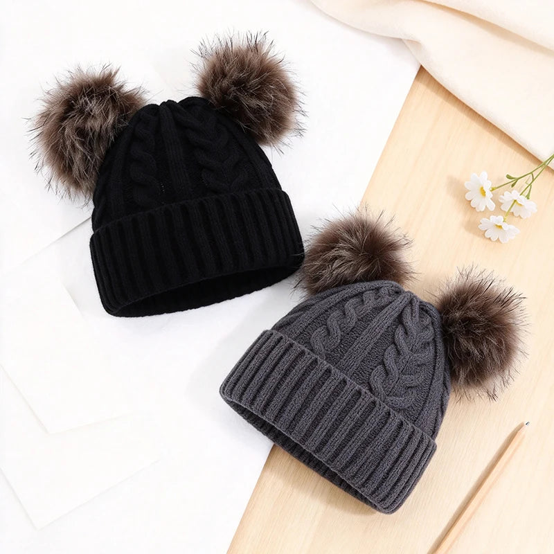 Women's Chunky Cable-Knit Winter Beanie with Dual Faux-Fur Pom-Poms – Fold-Over Cuff Hat for Cold Weather | Thomler