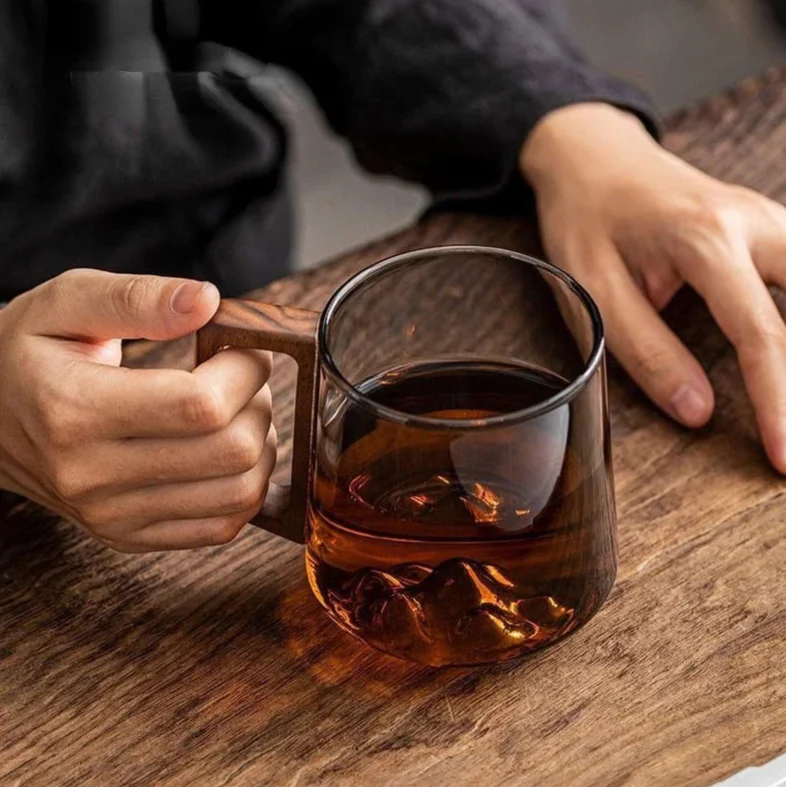 Glass Coffee Mug Borosilicate 4 in Heat-Resistant Mountain Peak Design Wooden Handle Everyday Tea Coffee Cup | Thomler