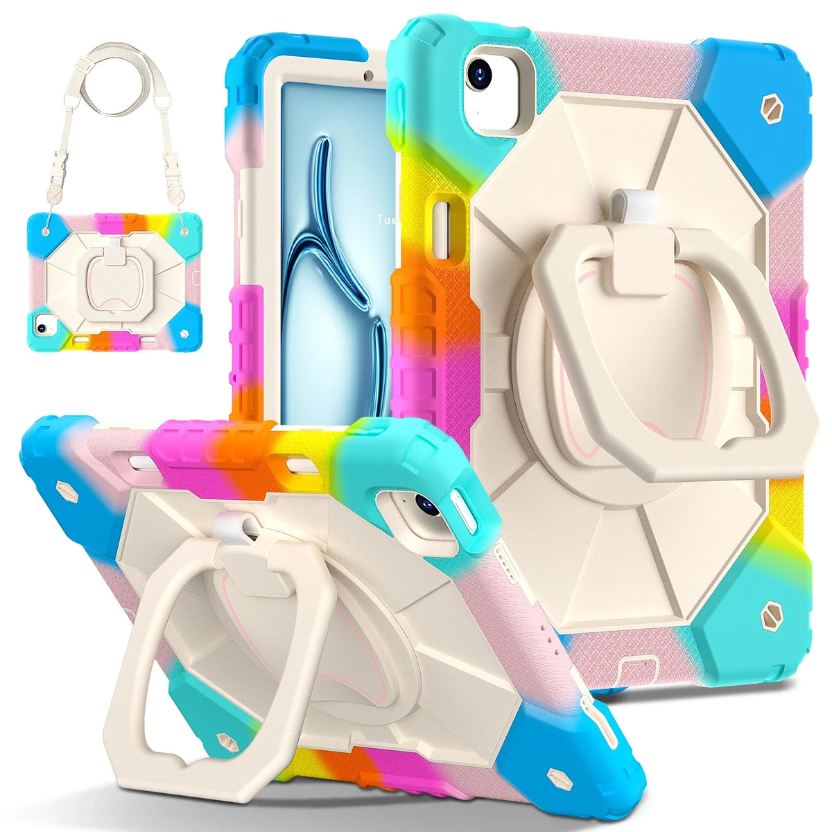 Triple-Layer iPad Protective Case with 360° Rotating Hand Grip, Integrated Kickstand & Shoulder Strap | Tempered Glass Screen Protector | Thomler