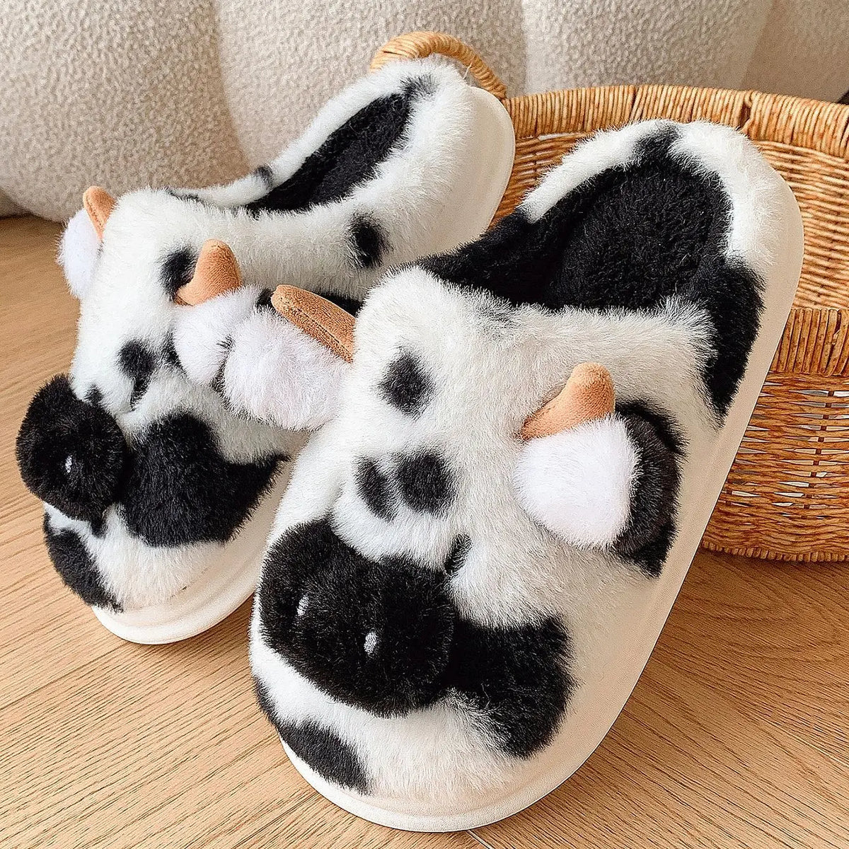 Plush Cow Print House Slippers for Women – Cozy Indoor Footwear with Platform Sole for Winter Warmth & Comfort | Thomler