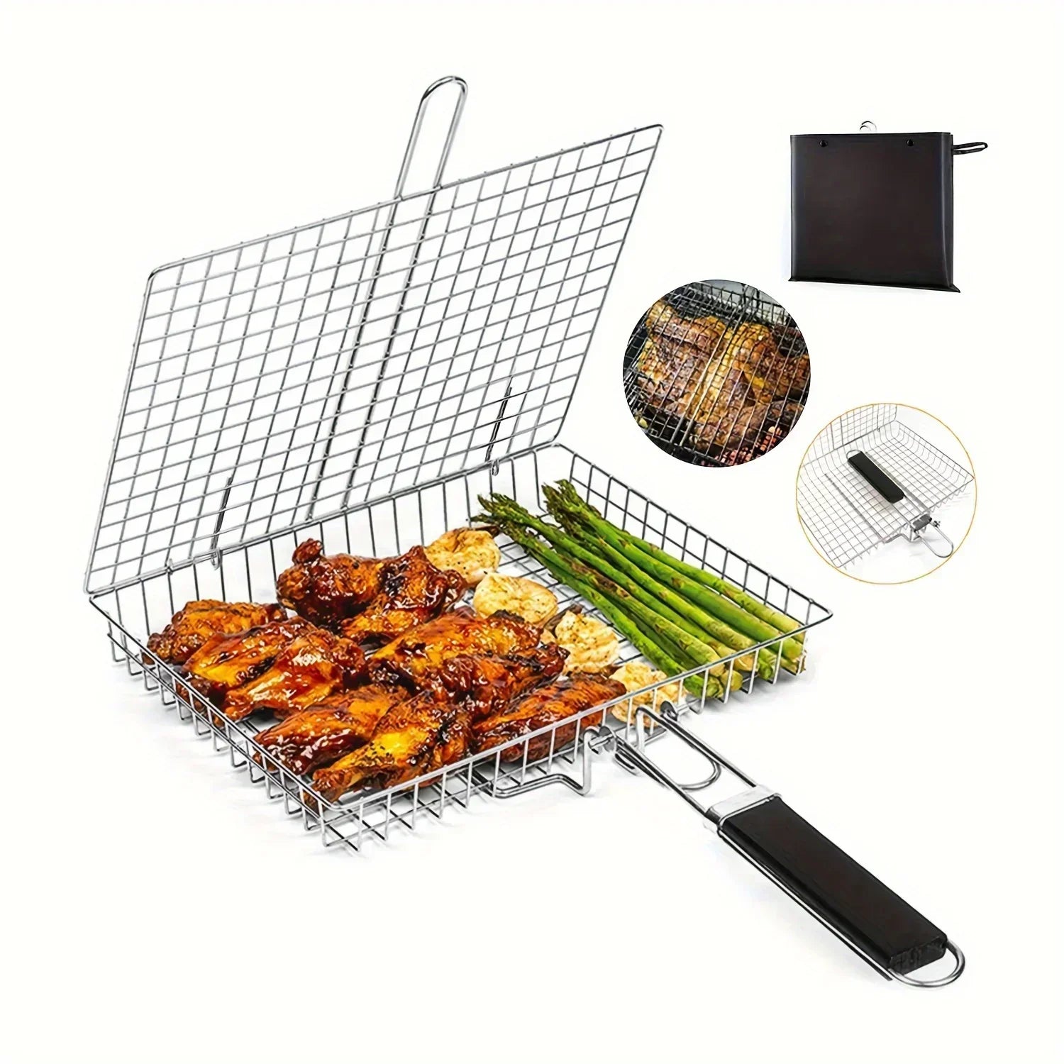 Folding Grill Basket with Non-Stick Coating for Vegetables, Fish & Steak – Heat-Resistant Stainless Steel BBQ Grilling Accessory for | Thomler