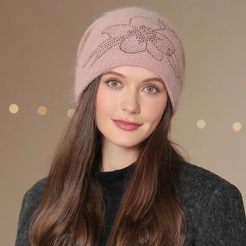 Women's Knit Beanie Hat with Floral Appliqué – Soft Acrylic & Fur-Blend Cap for Cold Weather | Thomler
