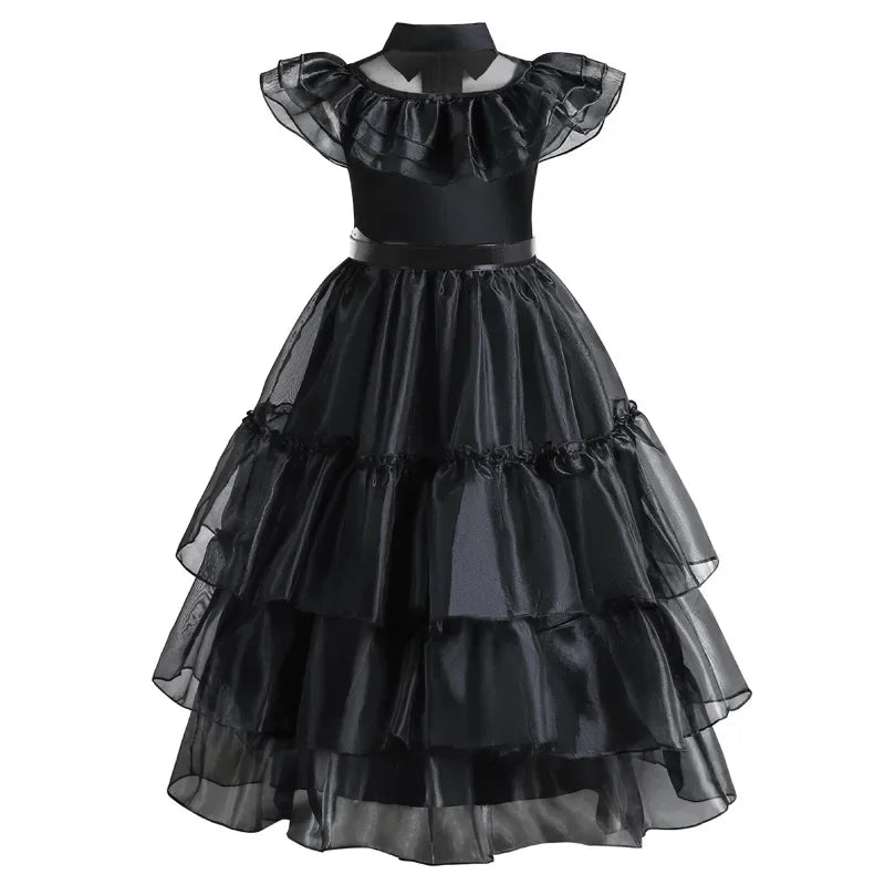 Girls Gothic Tiered Dress with Lace Panel Sleeves – Mid-Calf Costume for Halloween & Parties | Thomler