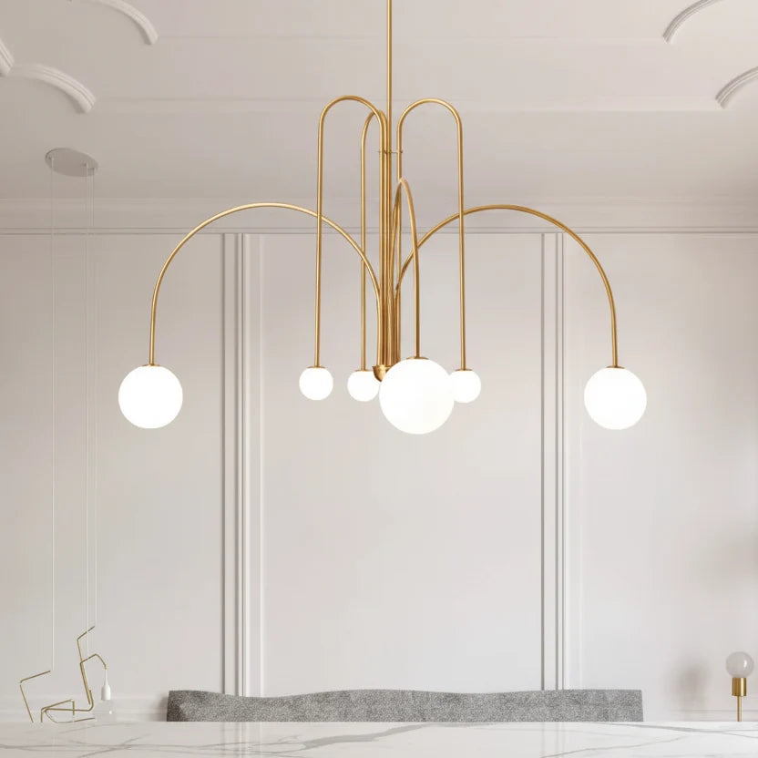 Contemporary Frosted Globe Chandelier with Curved Metal Arms – Modern Statement Lighting for Dining Room & Entryway | Thomler
