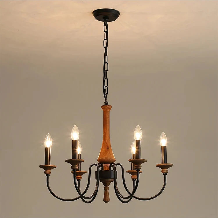 Carved Timber Column Chandelier with Candelabra Arms – 5 to 8 Lights for Farmhouse Dining Room or Entryway | Thomler