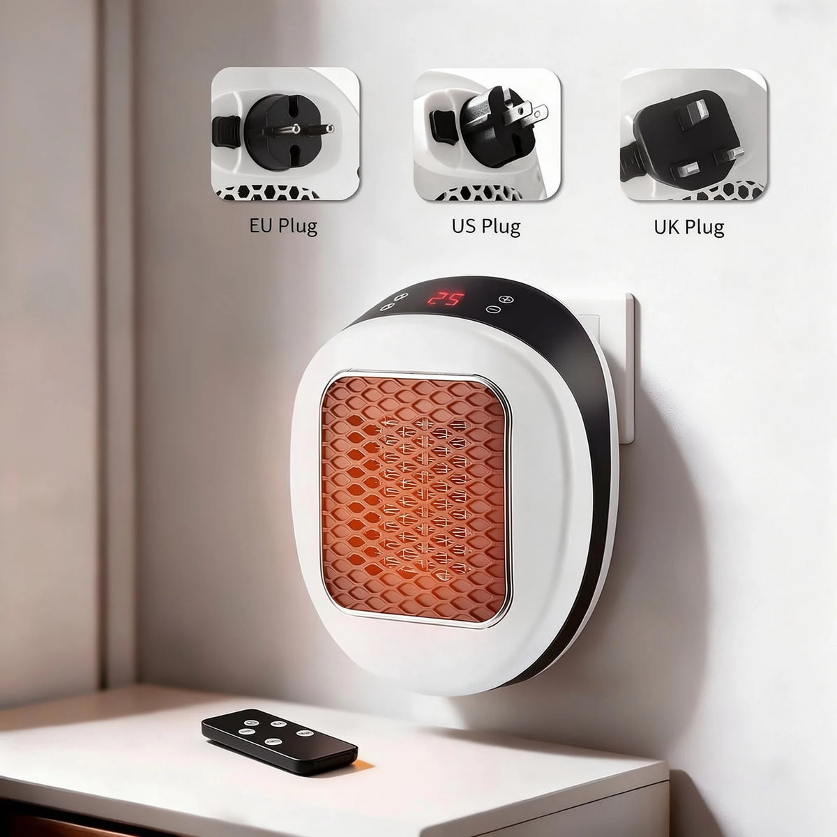Stekker verwarming - Elektrische verwarming, wandstopcontact, ruimteverwarmer met afstandsbediening, PTC-technologie voor snelle verwarming, geschikt voor slaapkamer, kantoor en camper.