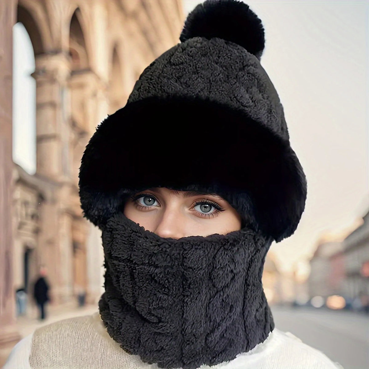Fleece-Lined Hood Scarf Beanie Combo with Pom-Pom for Women & Men – All-in-One Neck Warmer Face Covering Cold Weather Gear for Commuting | Thomler