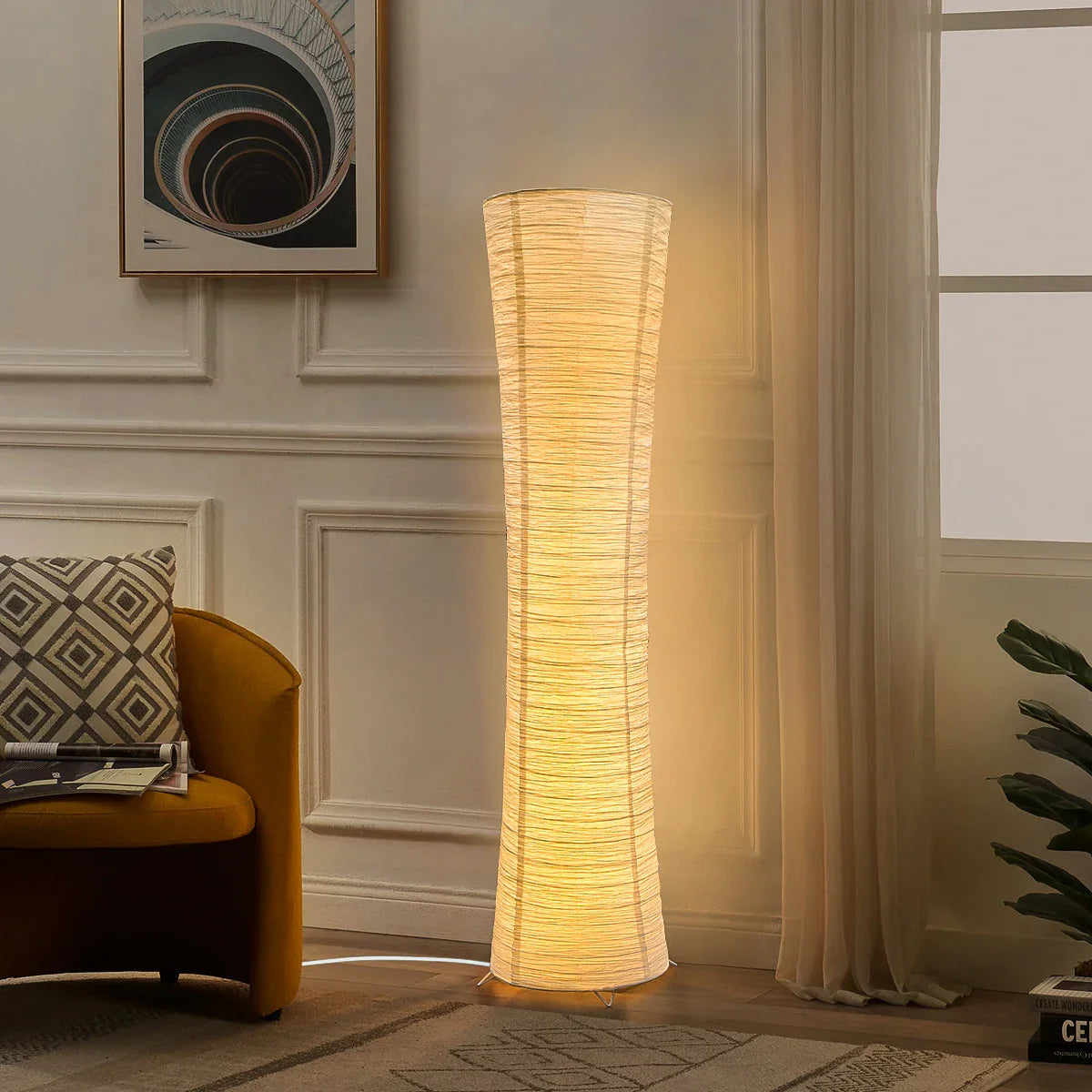 Floor Lamp Paper Shade 107.0 cm White Living Room Corner Lighting Japandi Scandinavian Ambient Reading Lamp Remote Control | Thomler