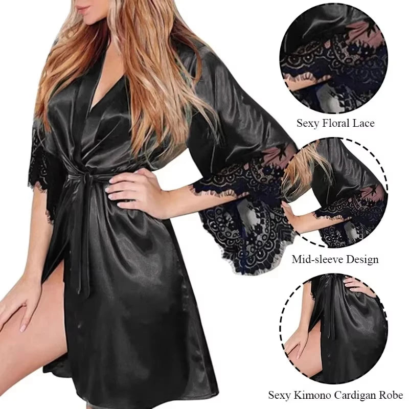 Satin Floral Lace Sleepwear Robe with Matching Nightgown for Women | Thomler