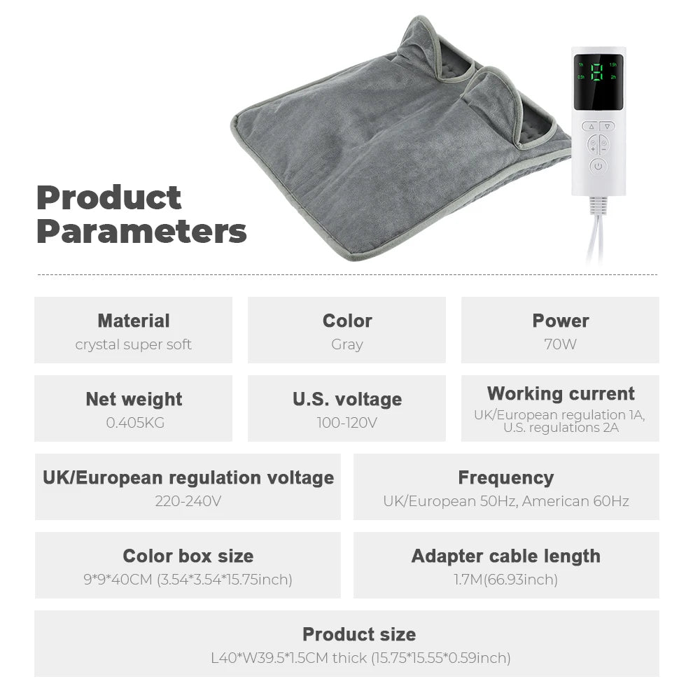 Electric Heating Pad for Feet & Hands – 70W Plush Warmth Cushion with Timer & 9 Temp Settings – Gray | Thomler