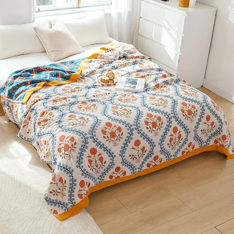 Lightweight Cotton Gauze Throw Blanket Queen King Bed Coverlet Breathable Floral Bedspread for Warm Weather Bedding | Thomler
