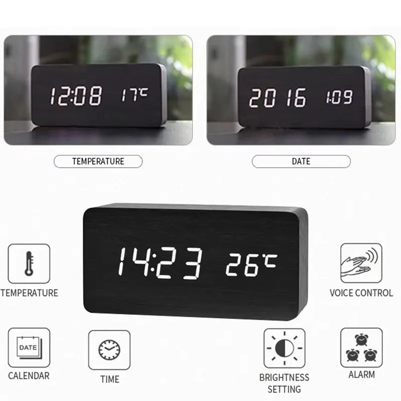 Alarm Clock Wood Look LED Display USB Powered Bedroom Desk Temperature Clock 12 24 Hour Adjustable Brightness Triple Alarm | Thomler