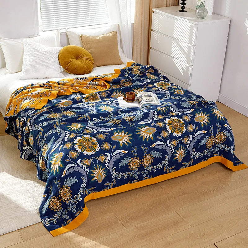Lightweight Cotton Gauze Throw Blanket Queen King Bed Coverlet Breathable Floral Bedspread for Warm Weather Bedding | Thomler