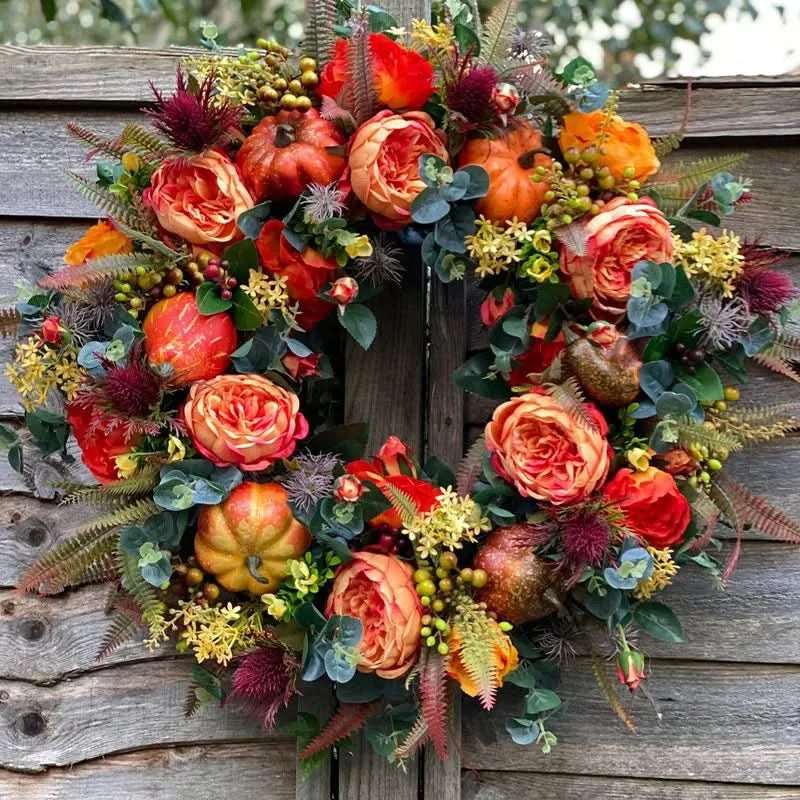 Handcrafted Fall Harvest Door Wreath with Gourds & Foliage – 16 Inch Diameter | Thomler