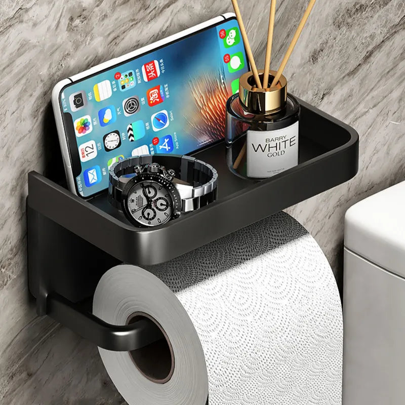 Toilet Roll Holder Aluminium 18.3 cm 7.2" Black Wall Mounted Bathroom Shelf Phone Storage Organiser | Thomler