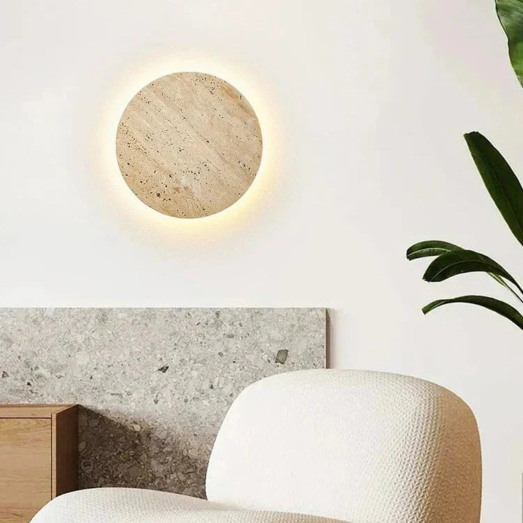 Wall Lamp Travertine Stone 11.8 in Round Warm LED Bedroom Hallway Ambient Lighting Minimalist Natural Stone Sconce | Thomler