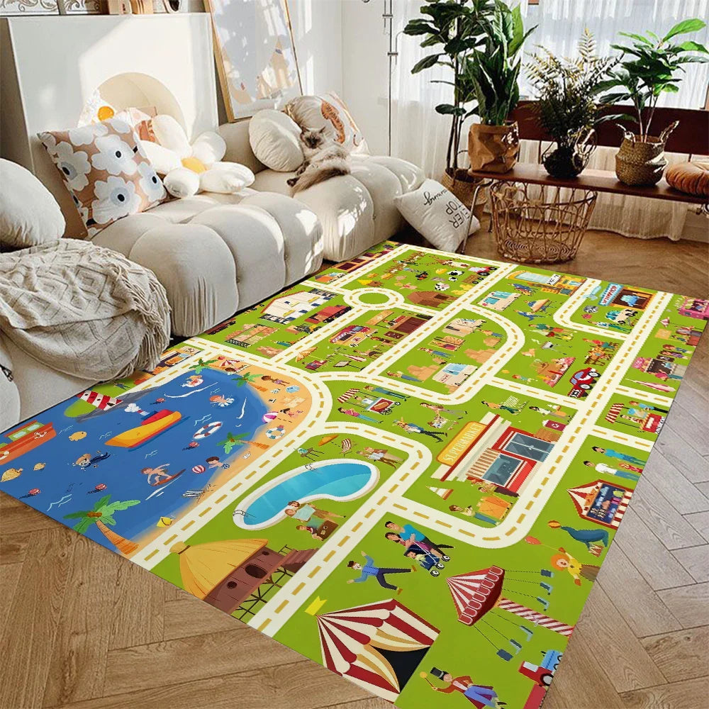 Play Rug Flannel 120.0 x 160.0 cm Car Road Theme Kids Playroom Bedroom Non Slip Washable Mat | Thomler
