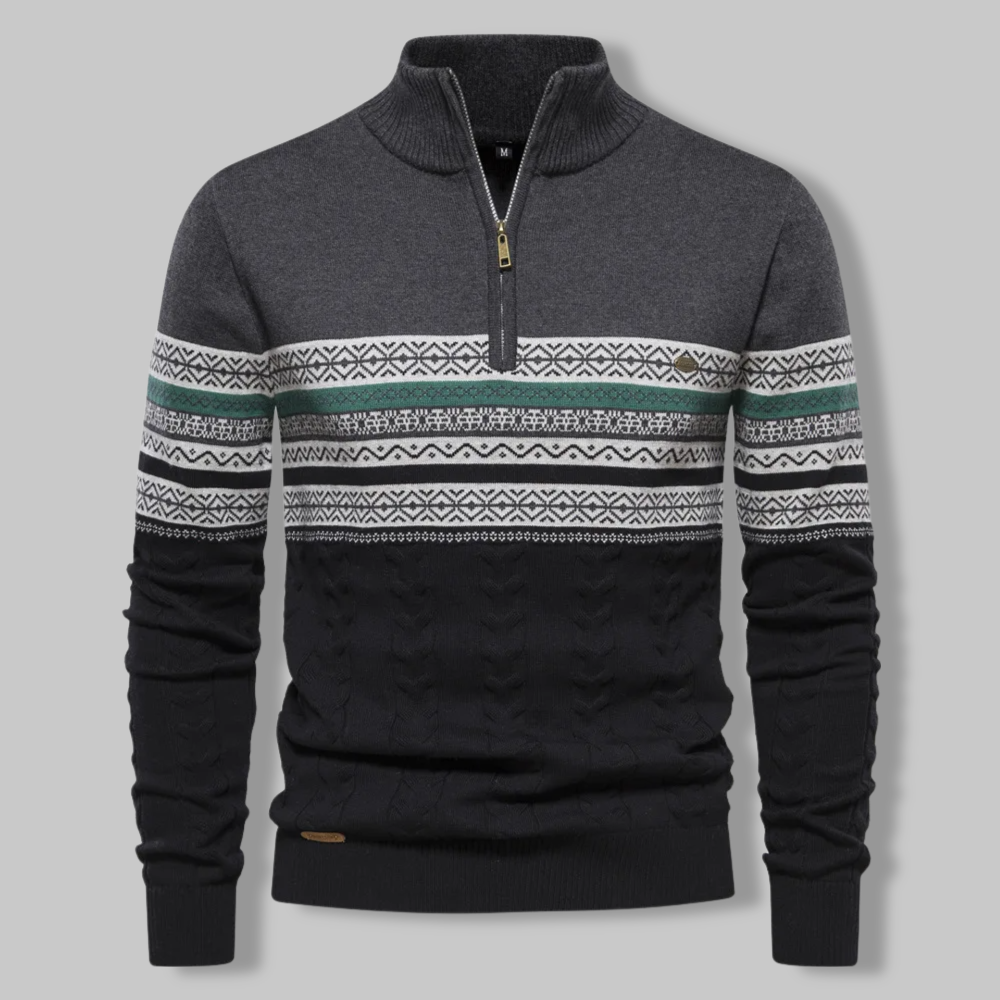 Men's Alpine-Inspired Quarter-Zip Pullover with Cable-Knit Texture & Nordic Chest Band – Ribbed Stand Collar Sweater for Everyday Warmth | Thomler