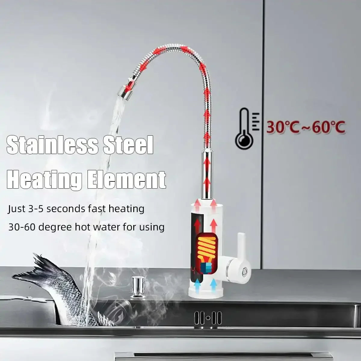 Instant Hot Water Electric Kitchen Faucet 3000W Tankless Tap for Sink 86-140°F Dual-Handle Cold & Heated Water Dispenser Fast Heating Stainl | Thomler