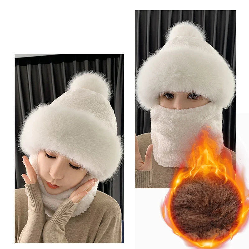 Plush Hooded Scarf Combo Winter Beanie & Neck Warmer Fleece Wrap for Women Cold Weather Outdoor Fashion | Thomler