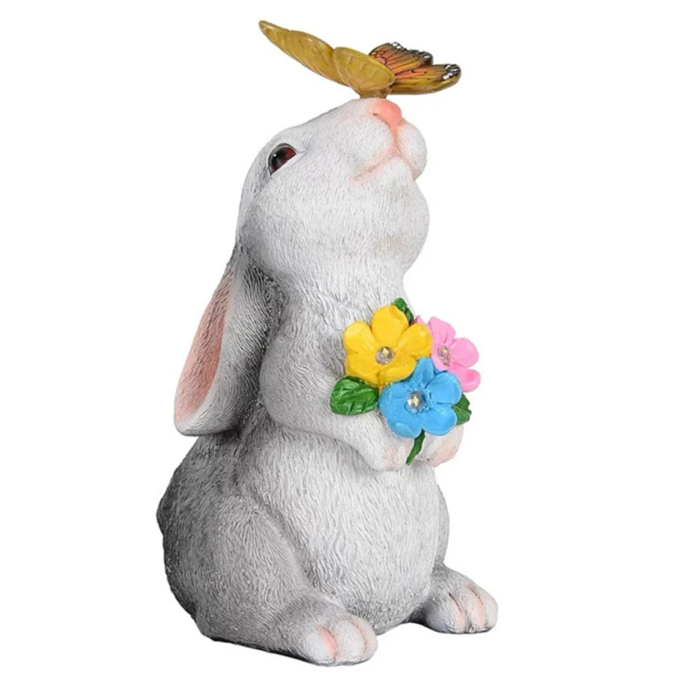 Garden Figurine Resin Solar Powered 22.5 cm White Grey Patio Rabbit LED Outdoor Decoration Butterfly Light | Thomler