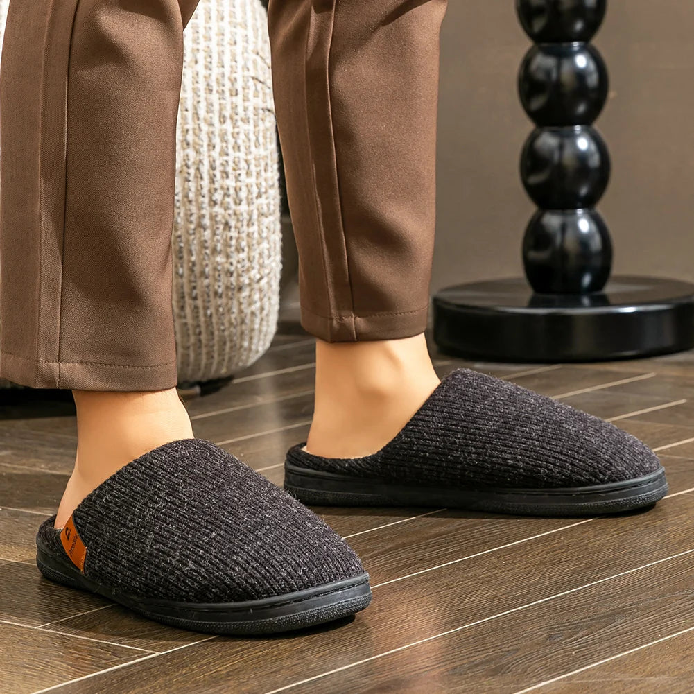 Men's Memory Foam House Slippers with TPR Rubber Sole – Knit Indoor Shoes for Cold Weather Lounging | Thomler