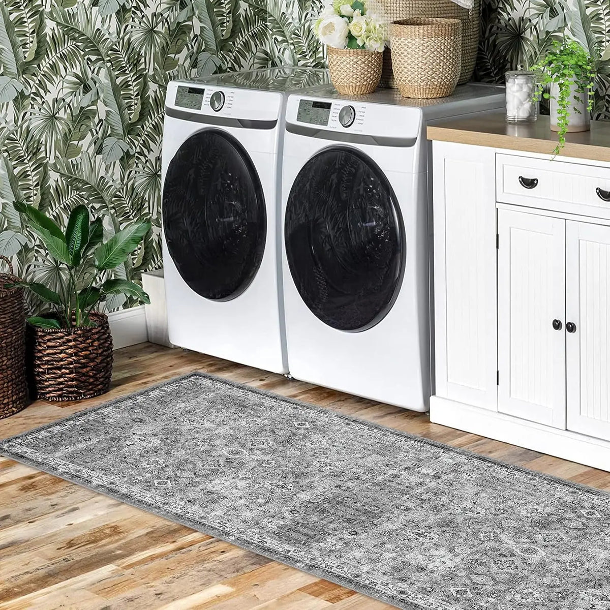 Non-Slip Vintage Area Rug for Entry, Kitchen, Bedroom | Gray Short Pile Washable Runner | Thomler