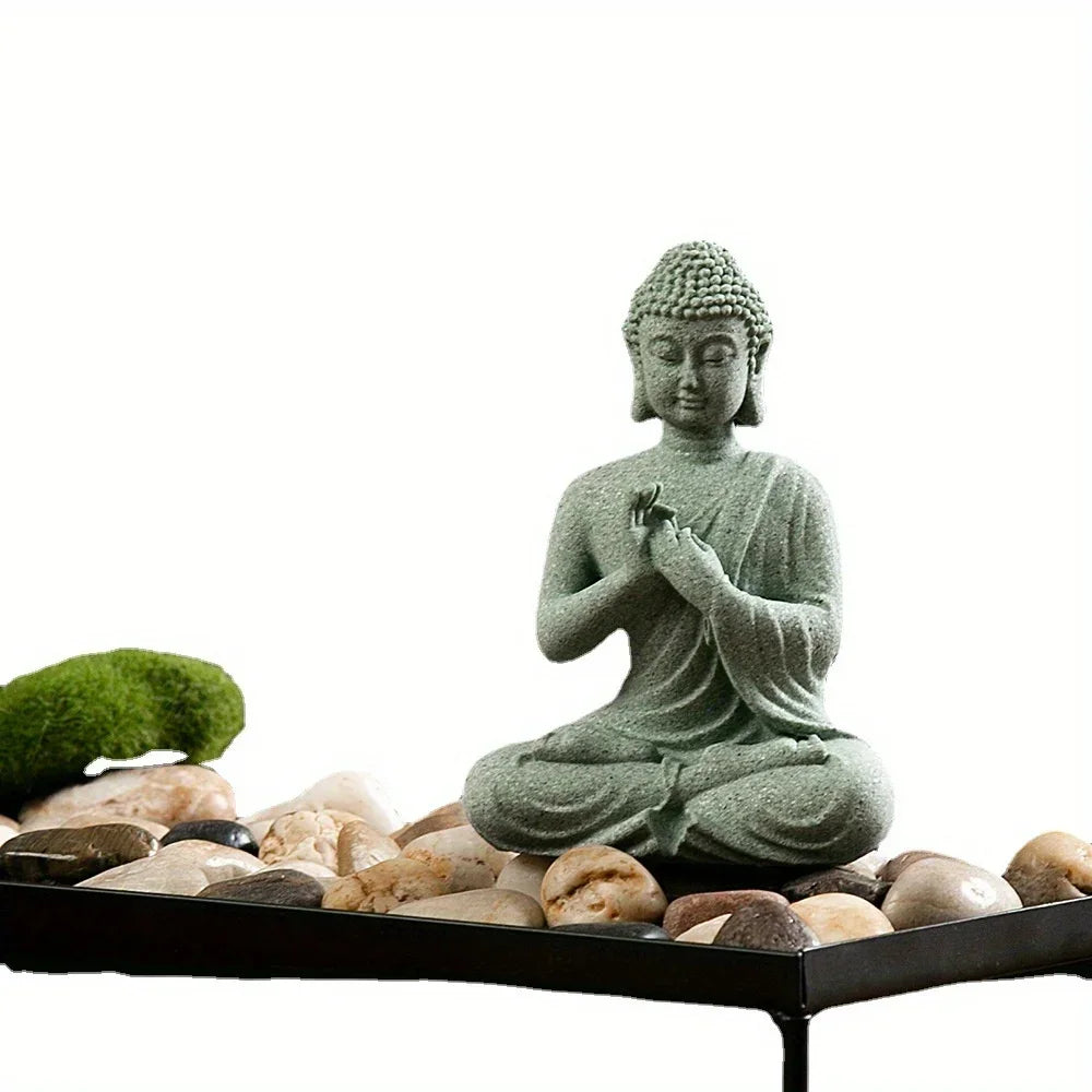 Seated Buddha Figurine in Green Sandstone for Desk, Shelf & Fish Tank Decor | Thomler