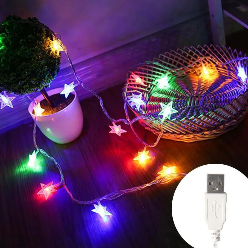Battery or USB Powered Star Shaped Decorative String Lights for Indoor & Outdoor Spaces – 10 to 80 Bulbs | Thomler