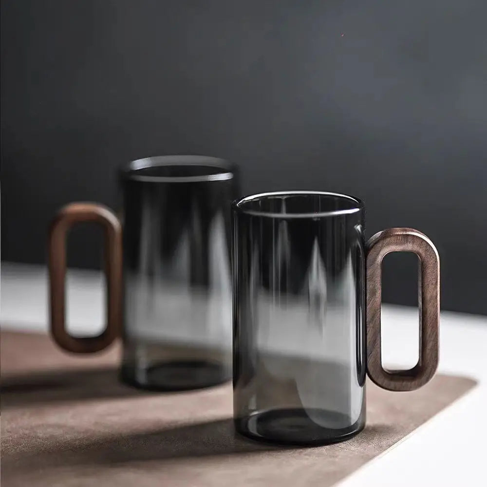 Glass Mug Heat-Resistant 4 in Wooden Handle Coffee Tea Juice Drinkware Modern Minimalist Design | Thomler