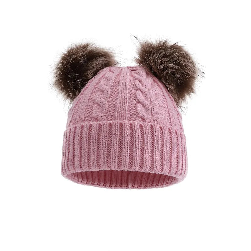 Women's Chunky Cable-Knit Winter Beanie with Dual Faux-Fur Pom-Poms – Fold-Over Cuff Hat for Cold Weather | Thomler