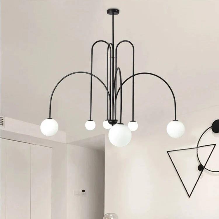 Contemporary Frosted Globe Chandelier with Curved Metal Arms – Modern Statement Lighting for Dining Room & Entryway | Thomler