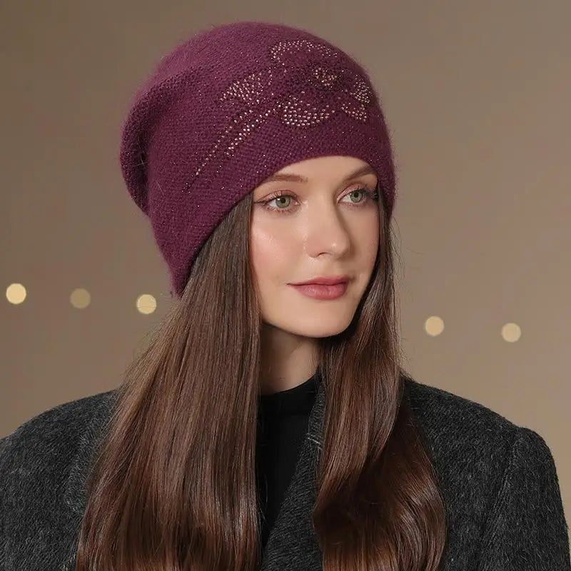 Women's Knit Beanie Hat with Floral Appliqué – Soft Acrylic & Fur-Blend Cap for Cold Weather | Thomler