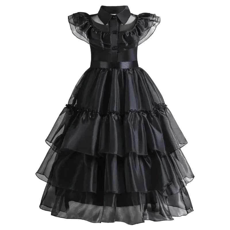 Girls Gothic Tiered Dress with Lace Panel Sleeves – Mid-Calf Costume for Halloween & Parties | Thomler