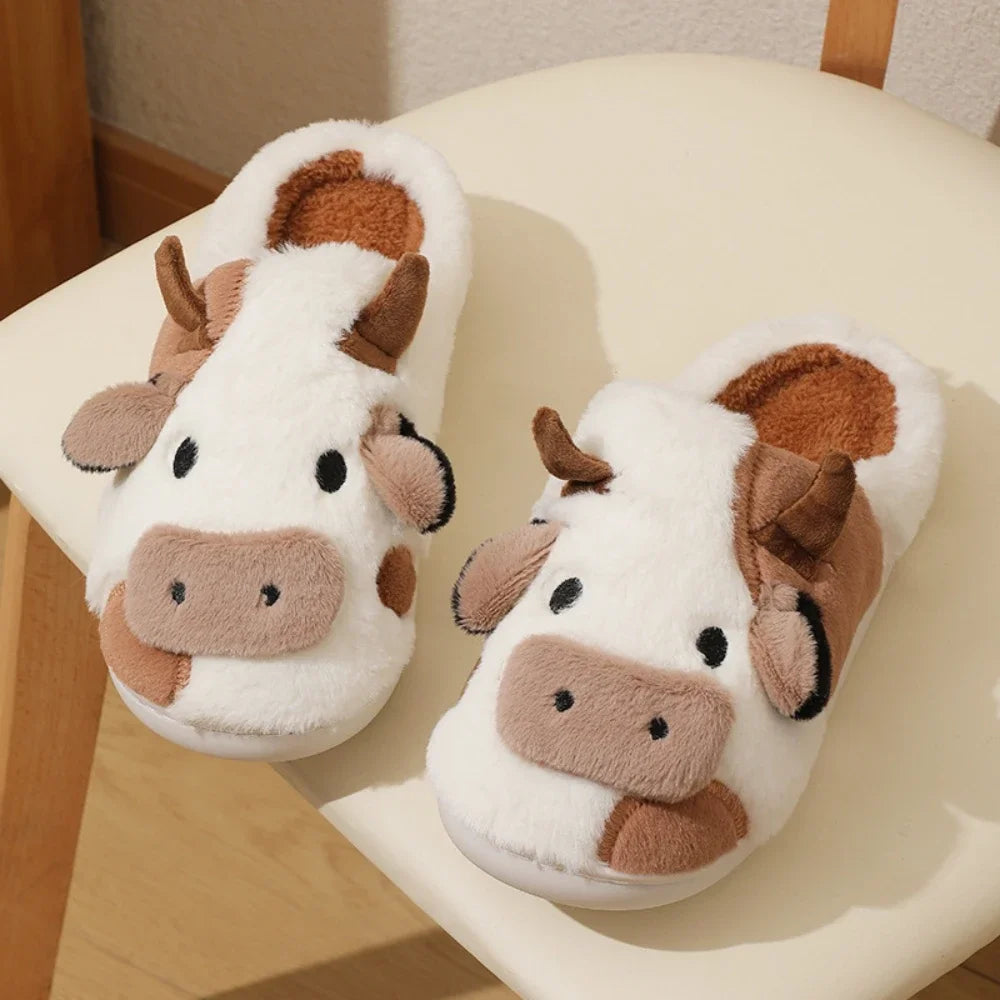 Cozy Cow-Print Plush Slippers – Fluffy Memory Foam House Shoes with Nonslip Sole for Winter Indoor Comfort Men Women Unisex | Thomler