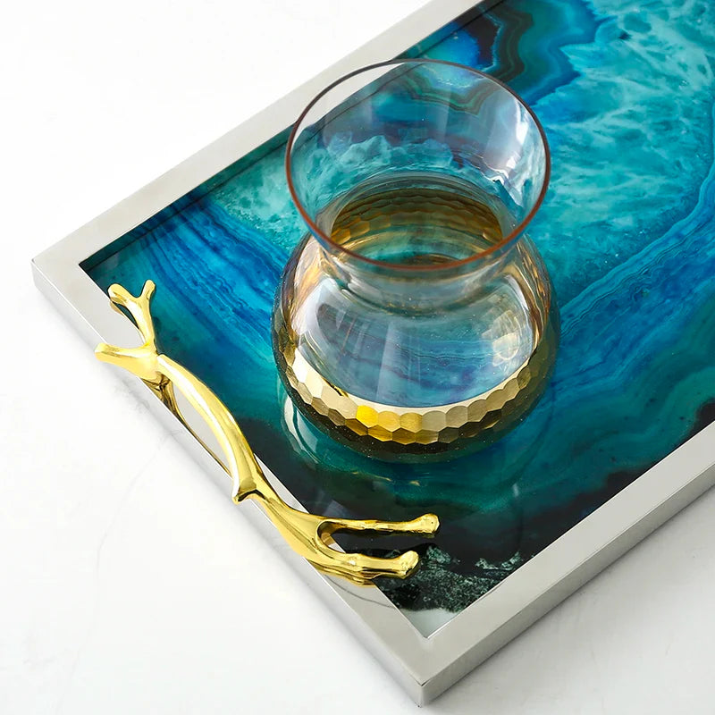 Serving Tray Glass Stainless Steel 16 in Blue Agate Pattern Dining Coffee Table Decorative Rectangle Round Display Platter | Thomler