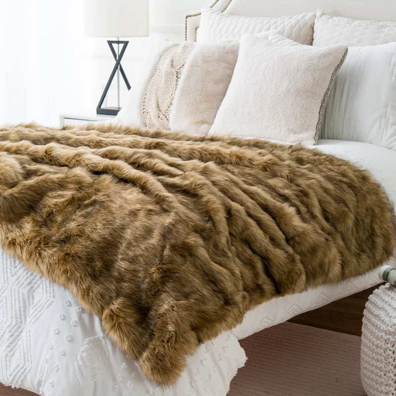 Throw Blanket Faux Fur 80 in x 60 in Luxury Living Room Sofa Bed Decorative Cozy Throw | Thomler