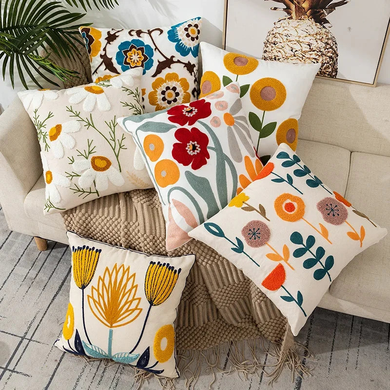 Cushion Cover Cotton Canvas 45.0 cm Floral Embroidered White Sofa Bed Decorative Pillow Case Farmhouse Living Room Accent | Thomler