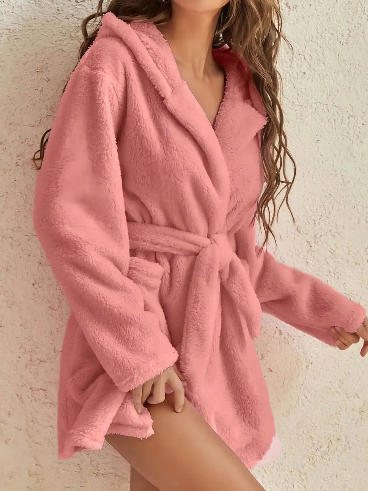 Women's Hooded Fleece Robe with Belt, Plush Loungewear for Cold Weather Relaxation at Home | Thomler