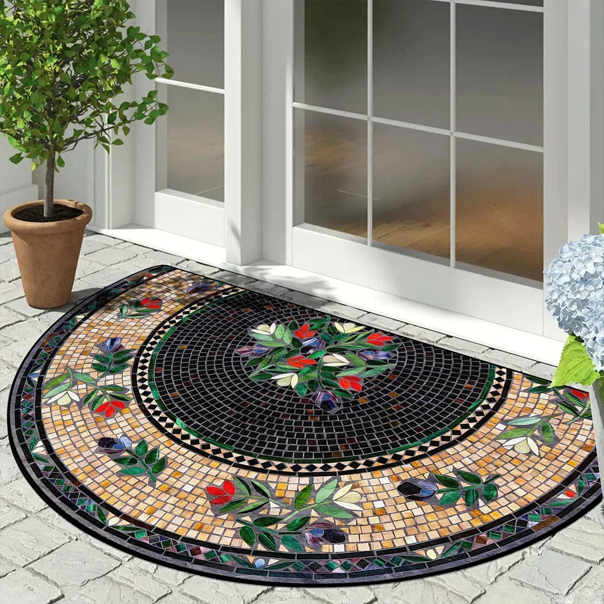 Half Circle Entryway Mat – Non-Slip Outdoor Rug with Vintage Patchwork Floral Geometric Print for Patio, Front Door, Balcony & | Thomler