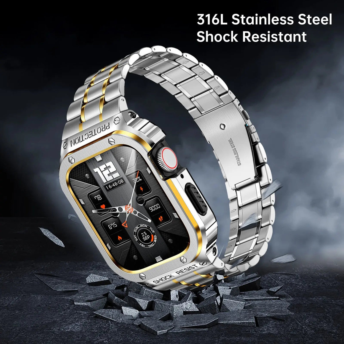 Metal Band and Bumper Case Bundle for Apple Watch 44mm 45mm Series – Shock-Absorbing Frame with Coordinated Strap in Black Silver Gold | Thomler