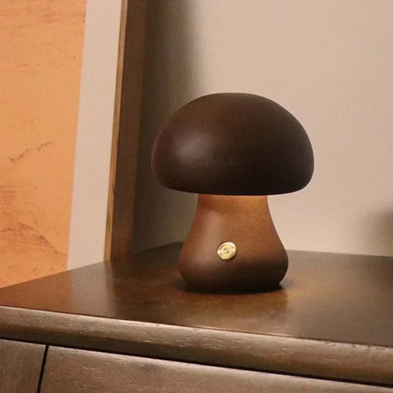 Rechargeable LED Mushroom Night Light with Touch Dimmer for Bedside, Nursery & Kids Room | Cordless Wooden Lamp | Thomler