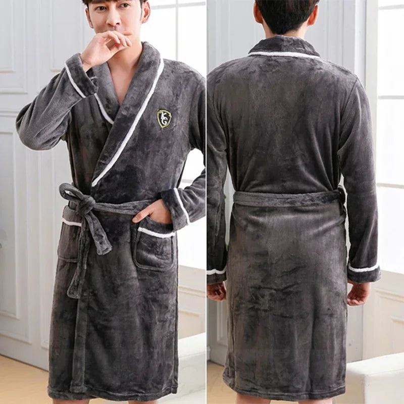 Plush Coral Fleece Robe for Men – Long Shawl Collar Bathrobe in Navy, Gray & Camel – Warm Winter Loungewear M-3XL | Thomler