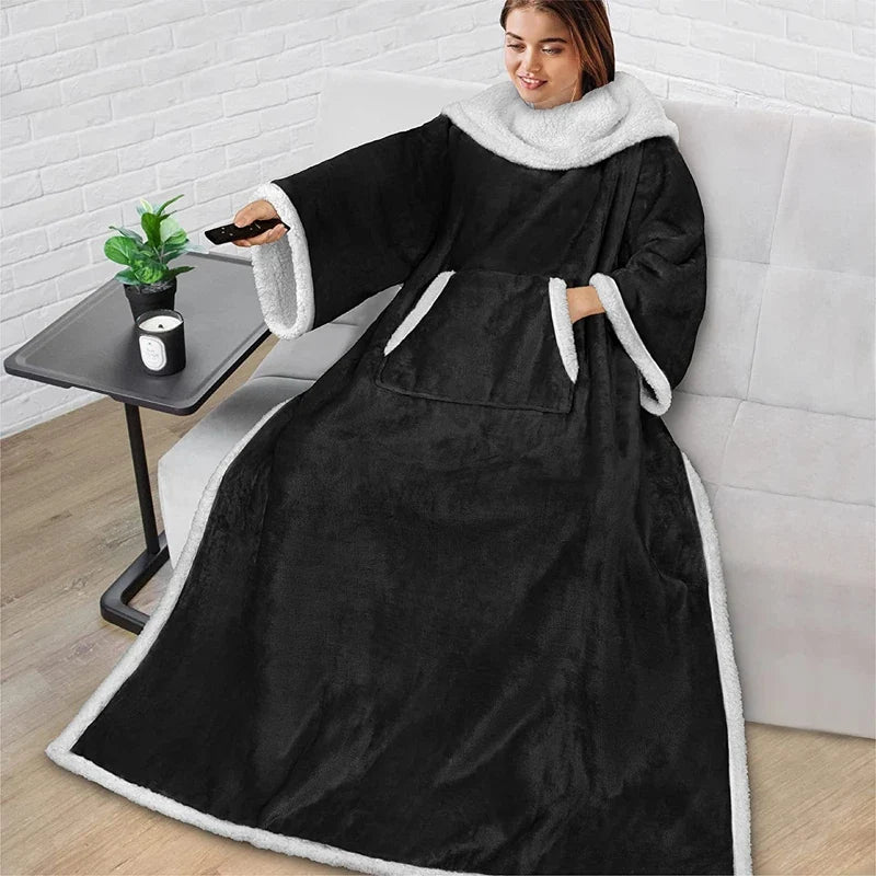 Oversized Fleece Blanket Hoodie with Sleeves & Foot Pocket – Plush Wearable Throw for Adults | Thomler